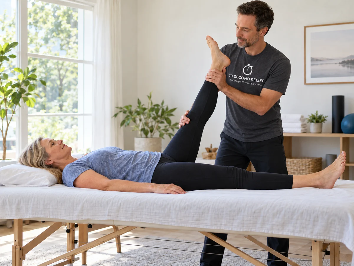 A practitioner wearing a 20 Second Relief shirt assisting an adult with a leg stretch on a massage table.
