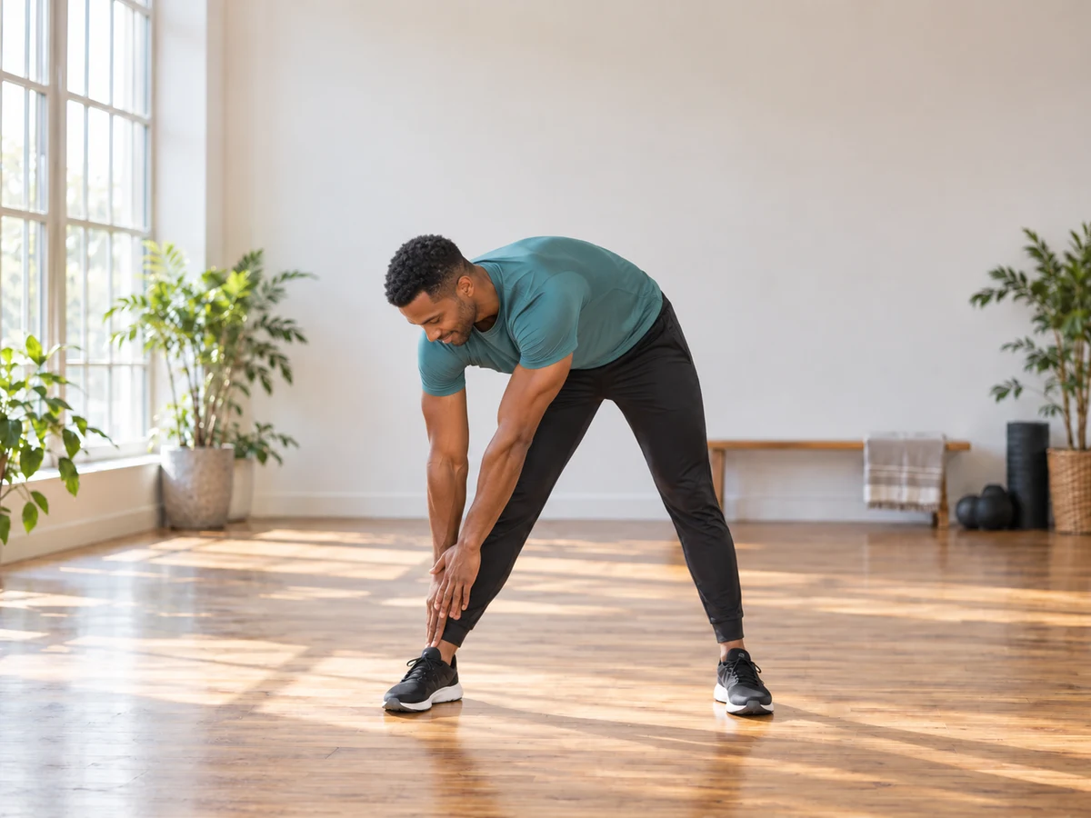 An adult Black man reaching both hands toward one foot in a sunlit studio.